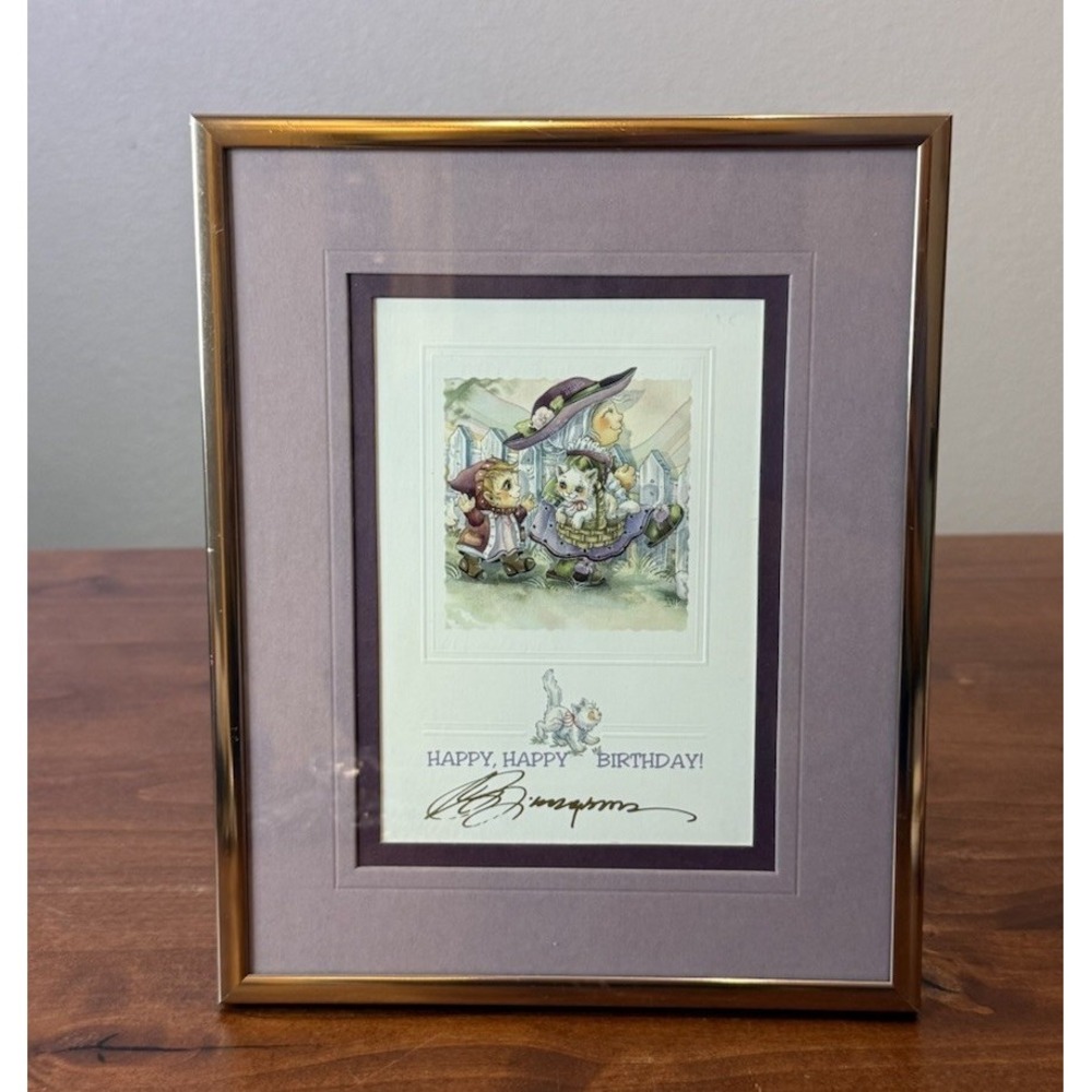 Rare Bergsma Signed Happy Birthday Print - Vintage framed Cat Kitten 8X10"